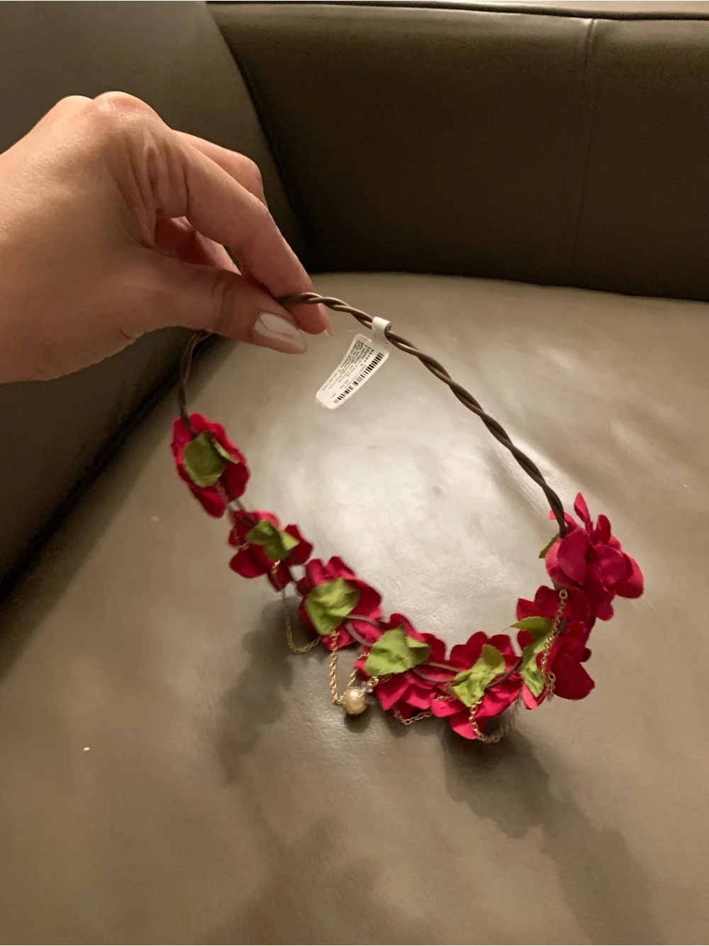 Red Flower🌹 Crown 👑Headband with Gold Chain and Pearl Accent-Adjustable/Bendable